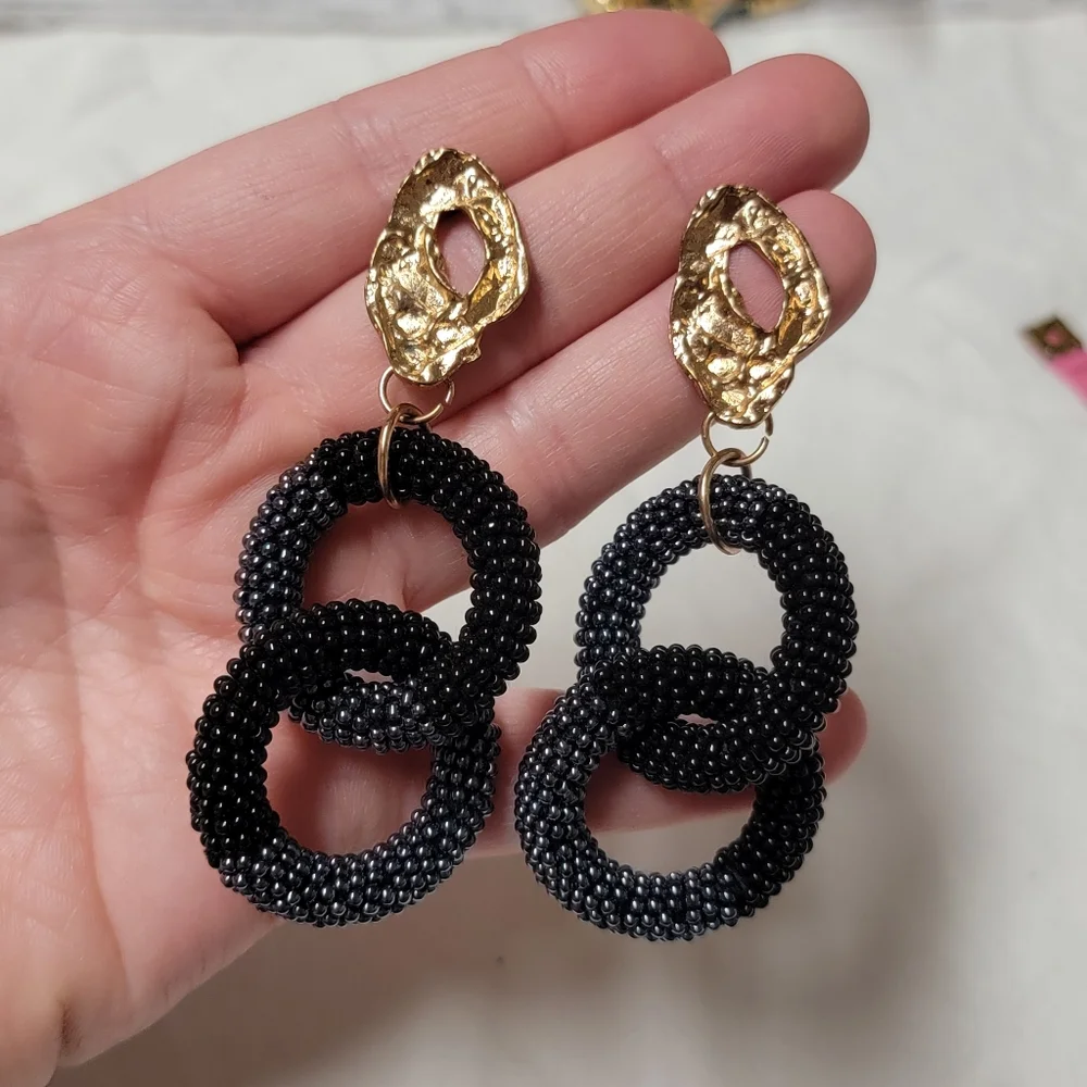Large Beaded Drop Hoop Link Earrings Gold Tone Seed Bead